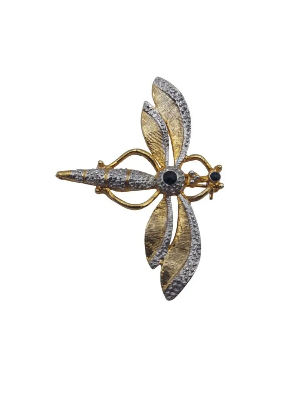 Dragonfly Brooch Pin Gold Tone Black & Silver Accents Bug Insect Art Vintage
